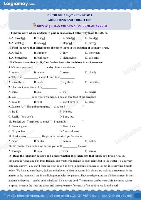 Đề thi giữa kì 2 Tiếng Anh 6 Right on! - Đề số 1